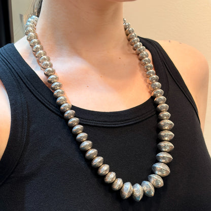 Estate Sterling Silver Stamped & Graduated Navajo Beaded Necklace