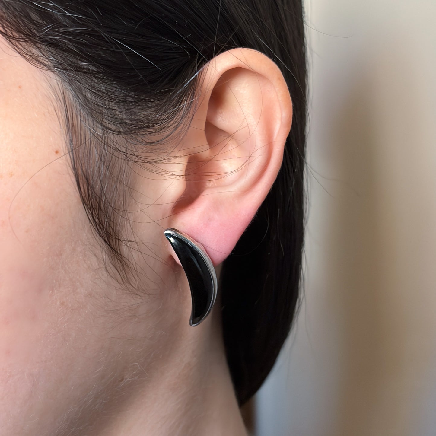 Estate Antonio Pineda 970 Silver Obsidian Crescent Post Back Earrings