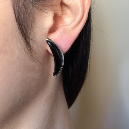 Estate Antonio Pineda 970 Silver Obsidian Crescent Post Back Earrings