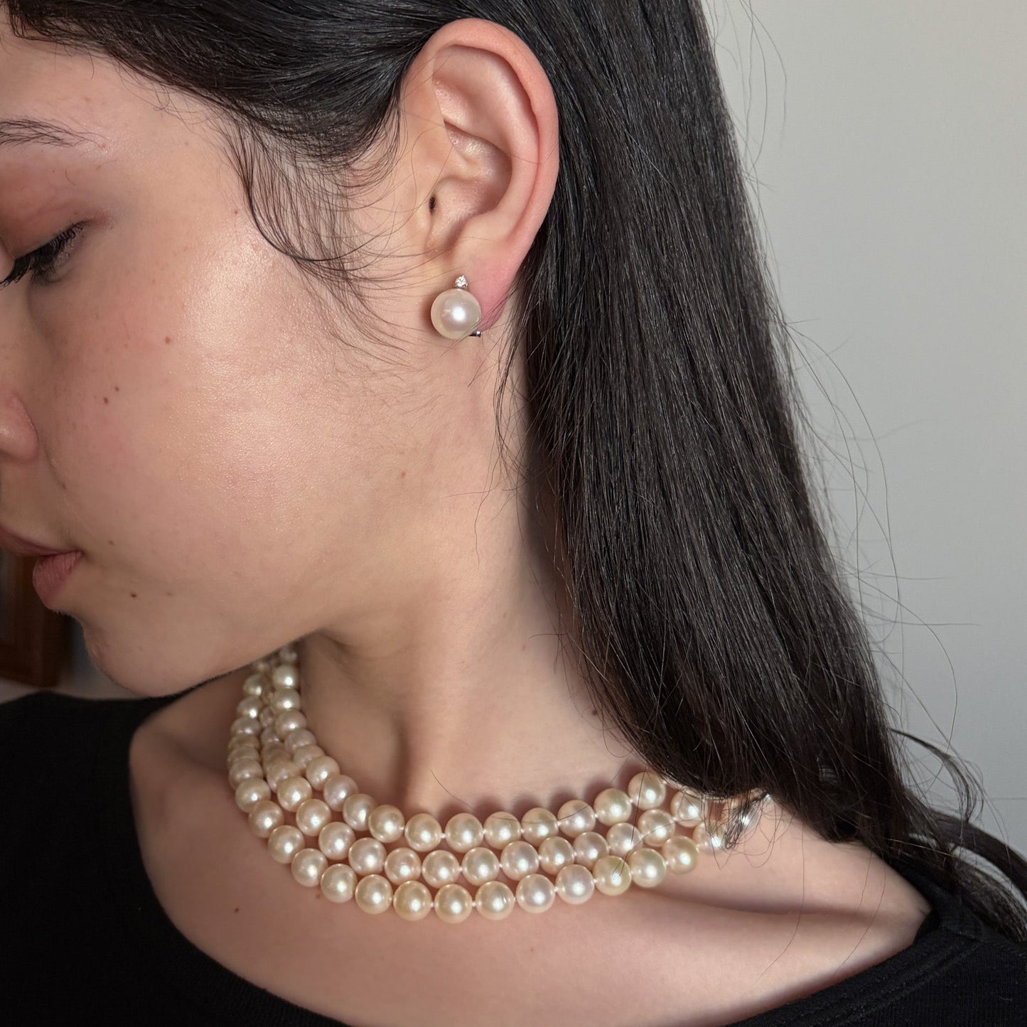 Estate 18KT White Gold Post Omega Back and Pearl Earrings with Small Round Diamond