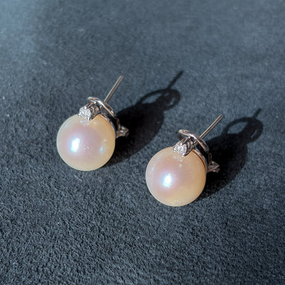 Estate 18KT White Gold Post Omega Back and Pearl Earrings with Small Round Diamond
