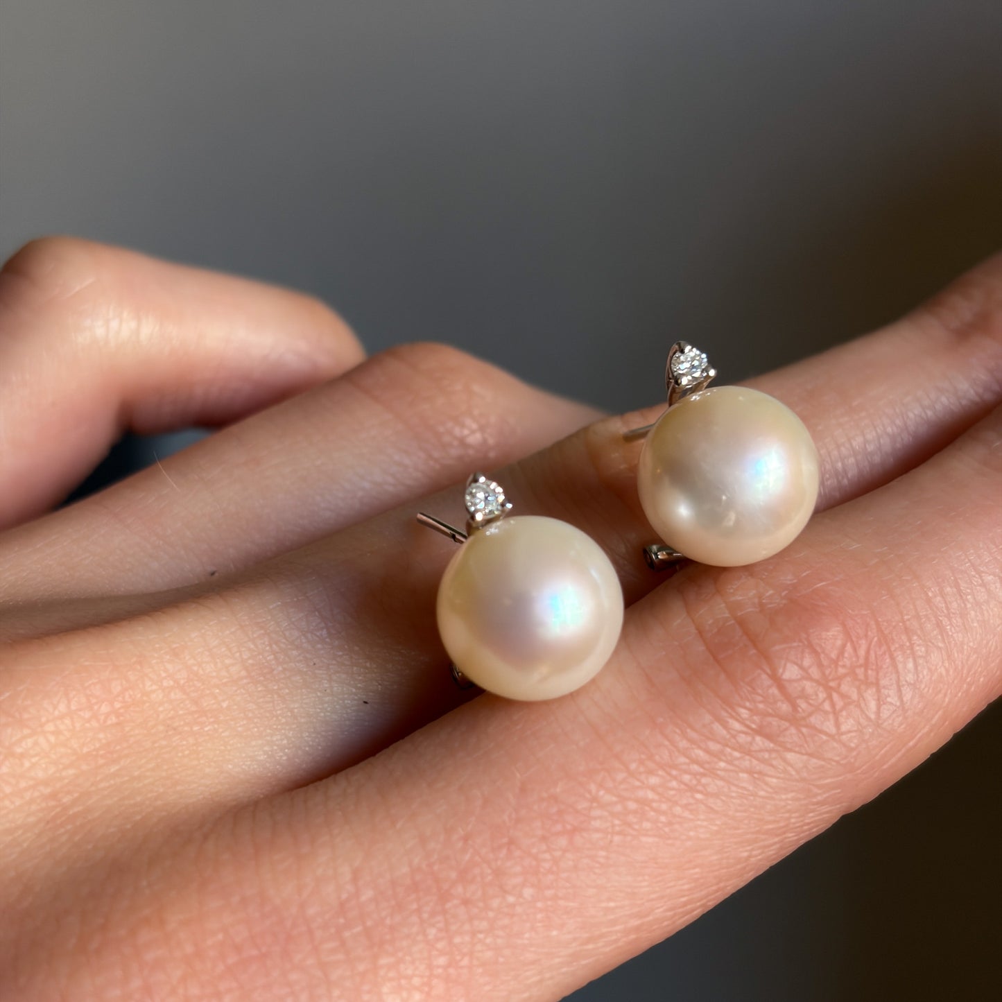 Estate 18KT White Gold Post Omega Back and Pearl Earrings with Small Round Diamond