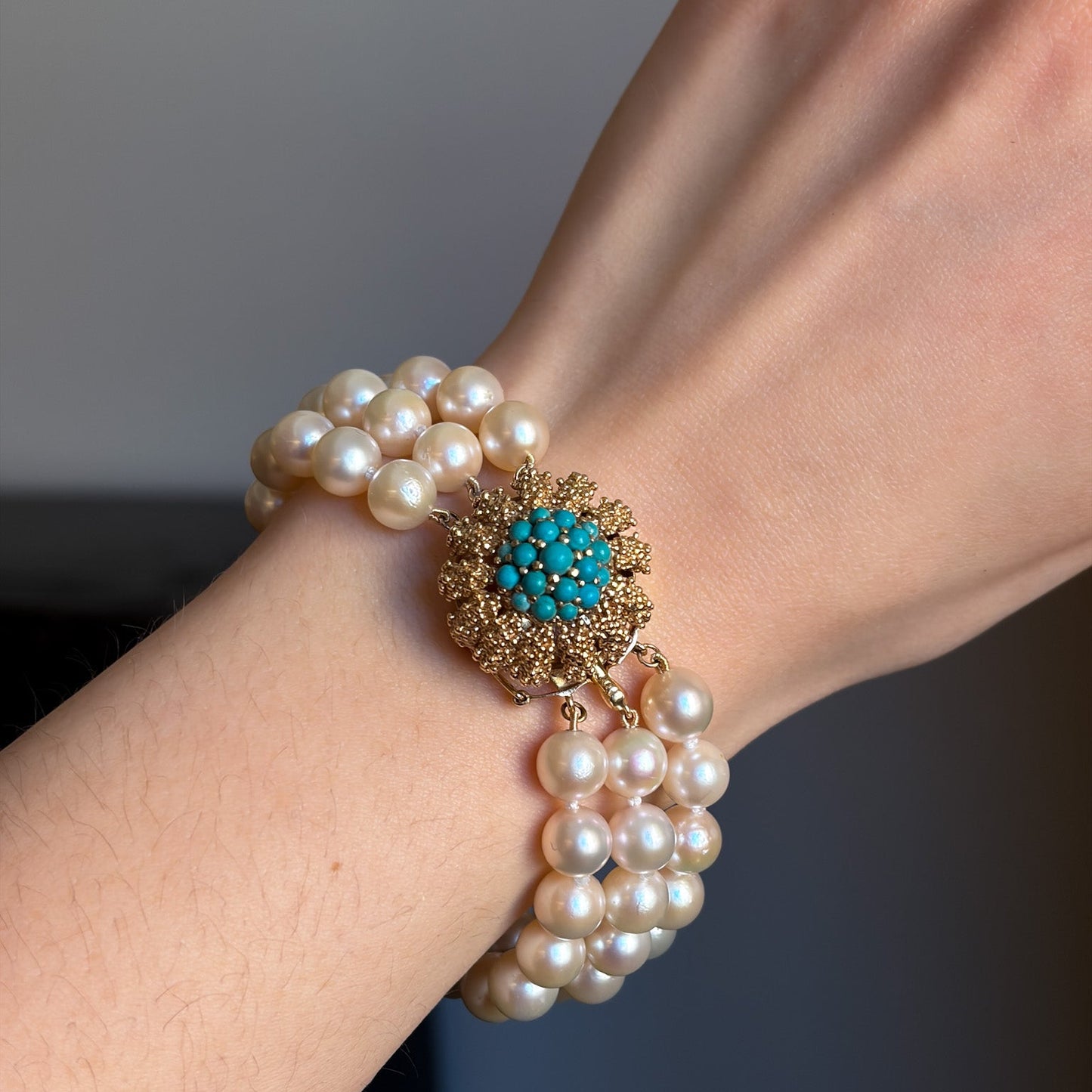 Estate Akoya Cultured Pearl Three-Strand Bracelet with 14kt Gold and Turquoise Sea Urchin Clasp