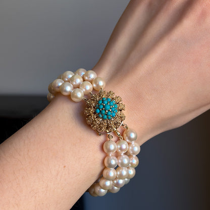 Estate Akoya Cultured Pearl Three-Strand Bracelet with 14kt Gold and Turquoise Sea Urchin Clasp