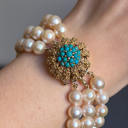 Estate Akoya Cultured Pearl Three-Strand Bracelet with 14kt Gold and Turquoise Sea Urchin Clasp