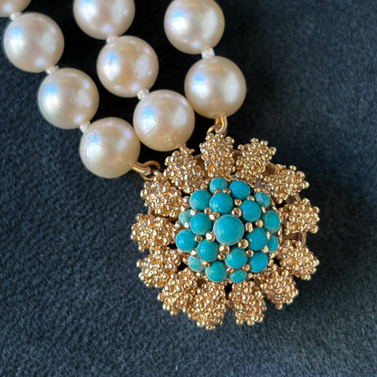 Estate Akoya Cultured Pearl Three-Strand Bracelet with 14kt Gold and Turquoise Sea Urchin Clasp