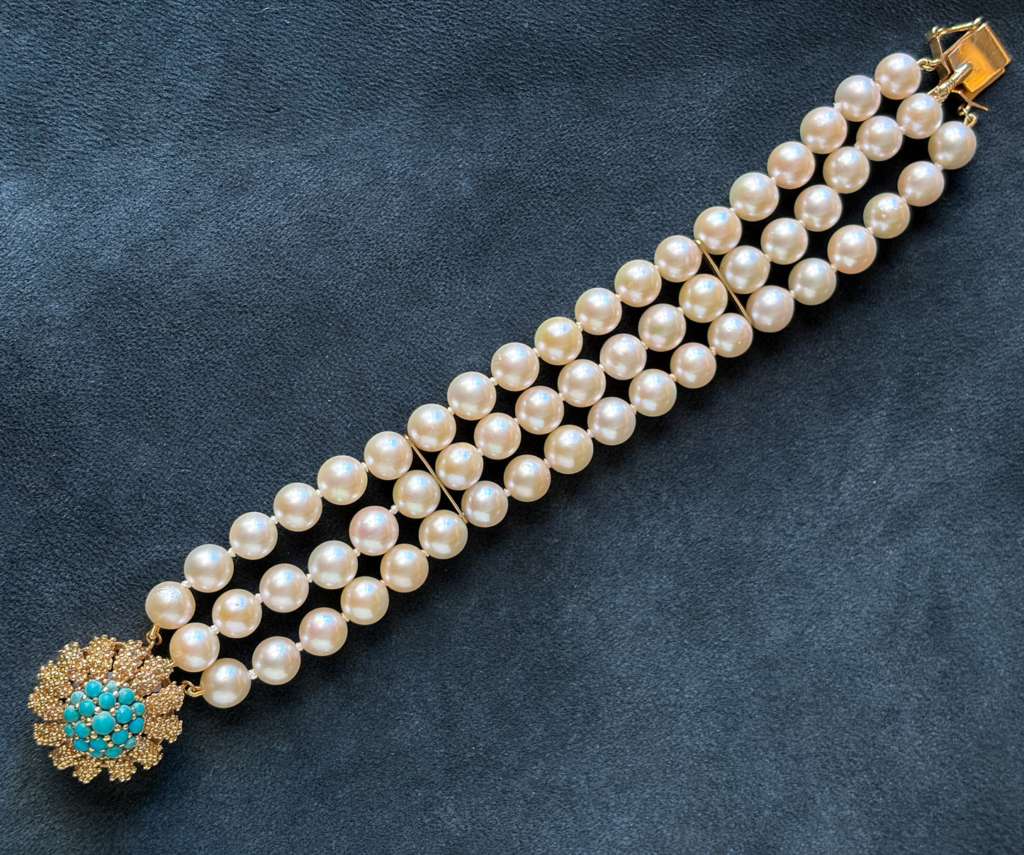 Estate Akoya Cultured Pearl Three-Strand Bracelet with 14kt Gold and Turquoise Sea Urchin Clasp