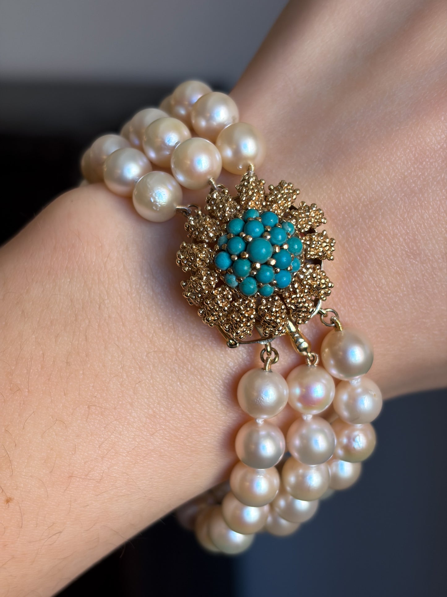 Estate Akoya Cultured Pearl Three-Strand Bracelet with 14kt Gold and Turquoise Sea Urchin Clasp