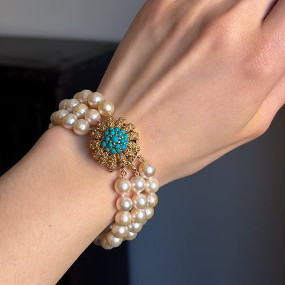 Estate Akoya Cultured Pearl Three-Strand Bracelet with 14kt Gold and Turquoise Sea Urchin Clasp