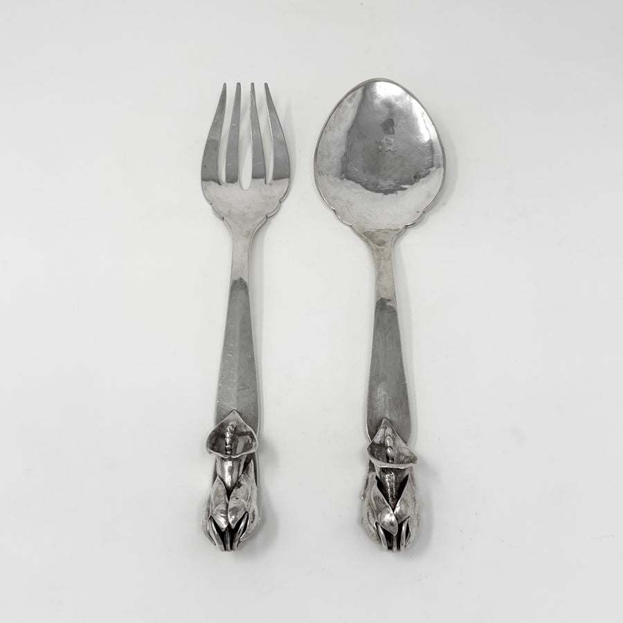 Estate Peer Smed Handwrought Sterling Silver Serving Fork & Spoon Set "Jack-in-the-Pulpit" (9.25")