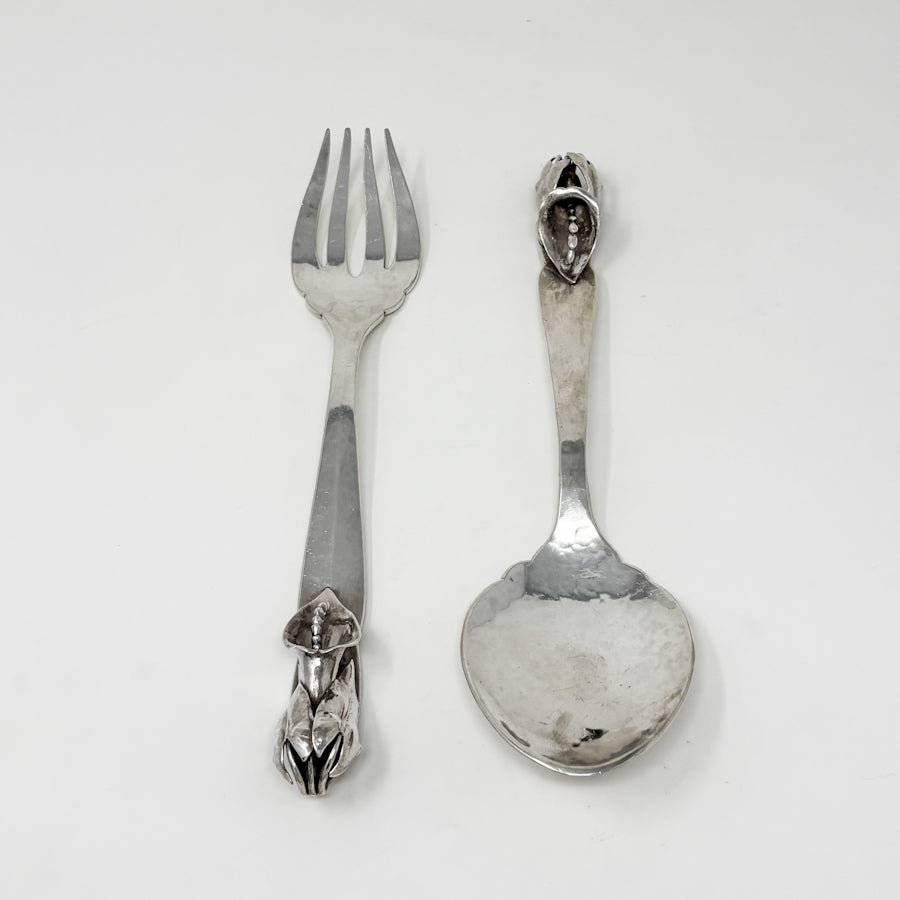 Estate Peer Smed Handwrought Sterling Silver Serving Fork & Spoon Set "Jack-in-the-Pulpit" (9.25")
