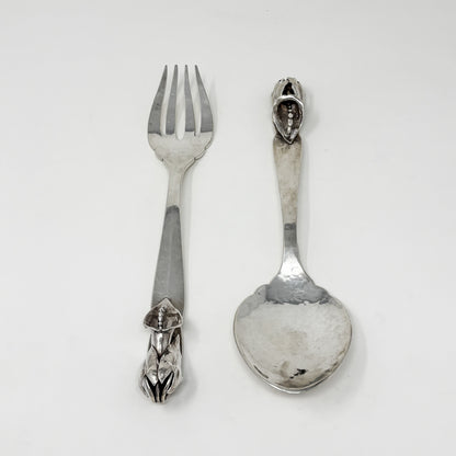 Estate Peer Smed Handwrought Sterling Silver Serving Fork & Spoon Set "Jack-in-the-Pulpit" (9.25")