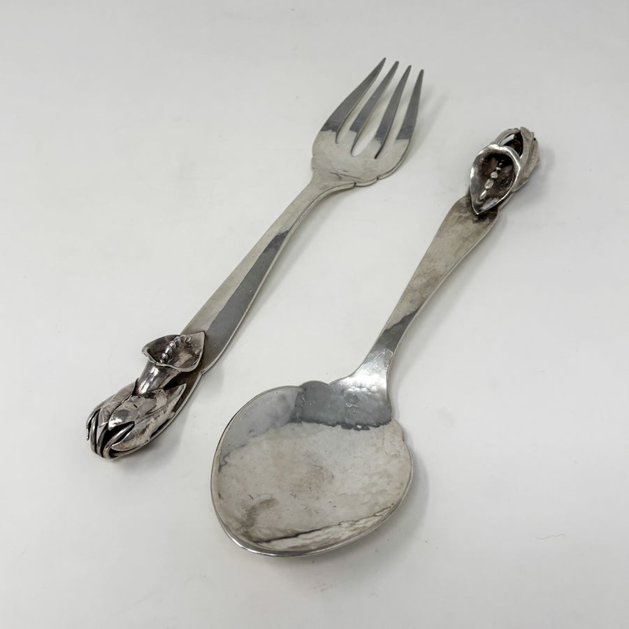 Estate Peer Smed Handwrought Sterling Silver Serving Fork & Spoon Set "Jack-in-the-Pulpit" (9.25")