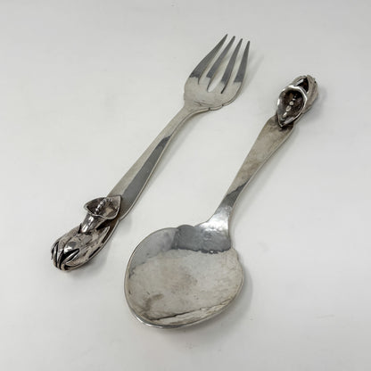 Estate Peer Smed Handwrought Sterling Silver Serving Fork & Spoon Set "Jack-in-the-Pulpit" (9.25")