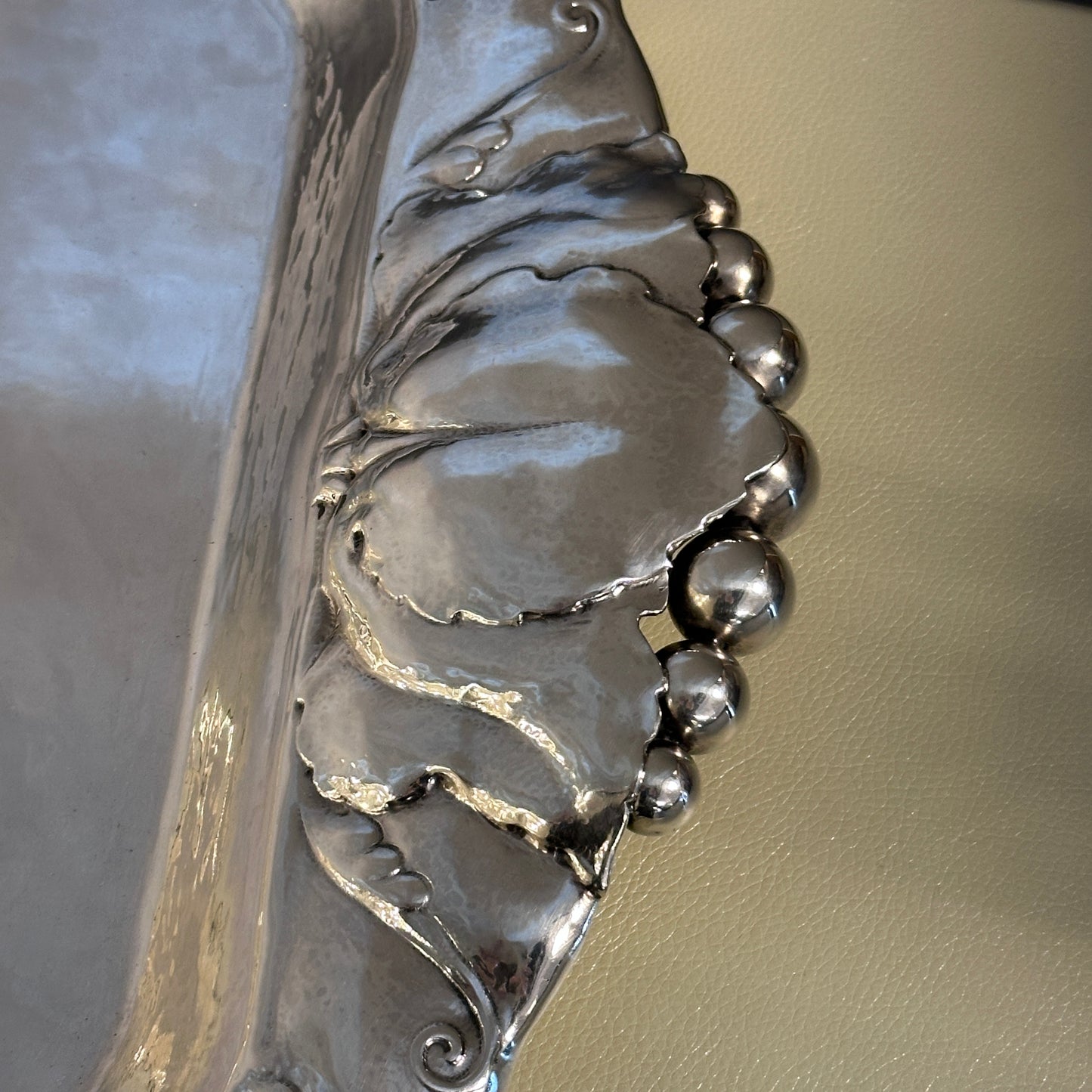 Estate Sterling Silver Extra Large Serving Tray with Leaf and Beaded Handles by Peer Smed