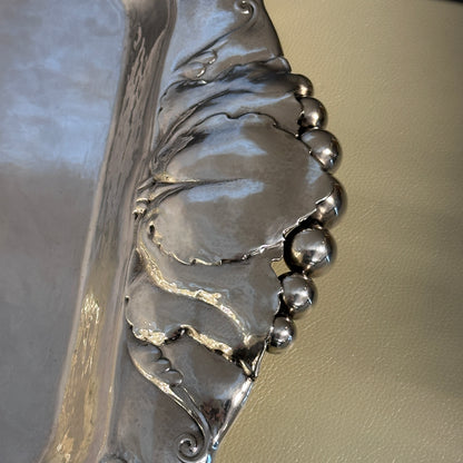 Estate Sterling Silver Extra Large Serving Tray with Leaf and Beaded Handles by Peer Smed
