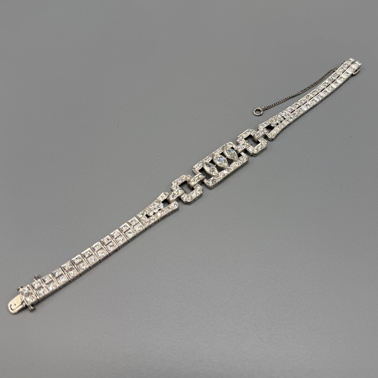 Estate Diamond Tennis Bracelet with Three Marquise Center Stones in Platinum