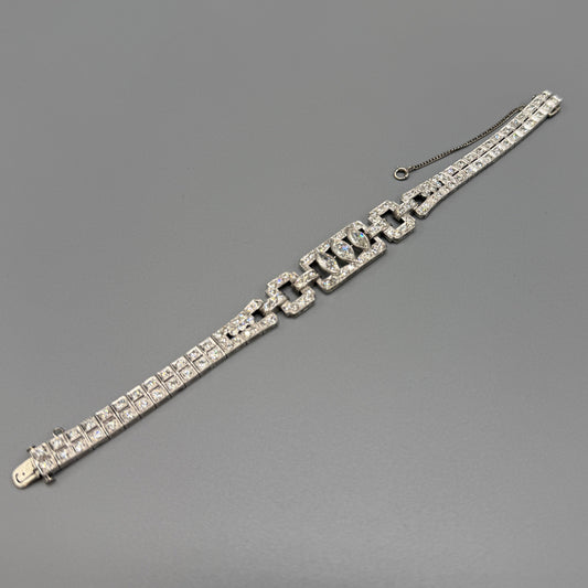 Estate Diamond Tennis Bracelet with Three Marquise Center Stones in Platinum