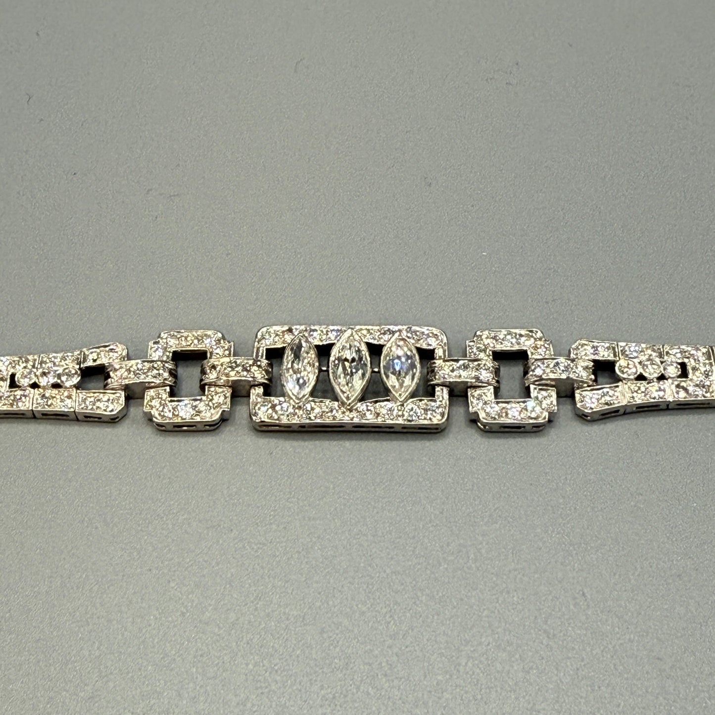 Estate Diamond Tennis Bracelet with Three Marquise Center Stones in Platinum