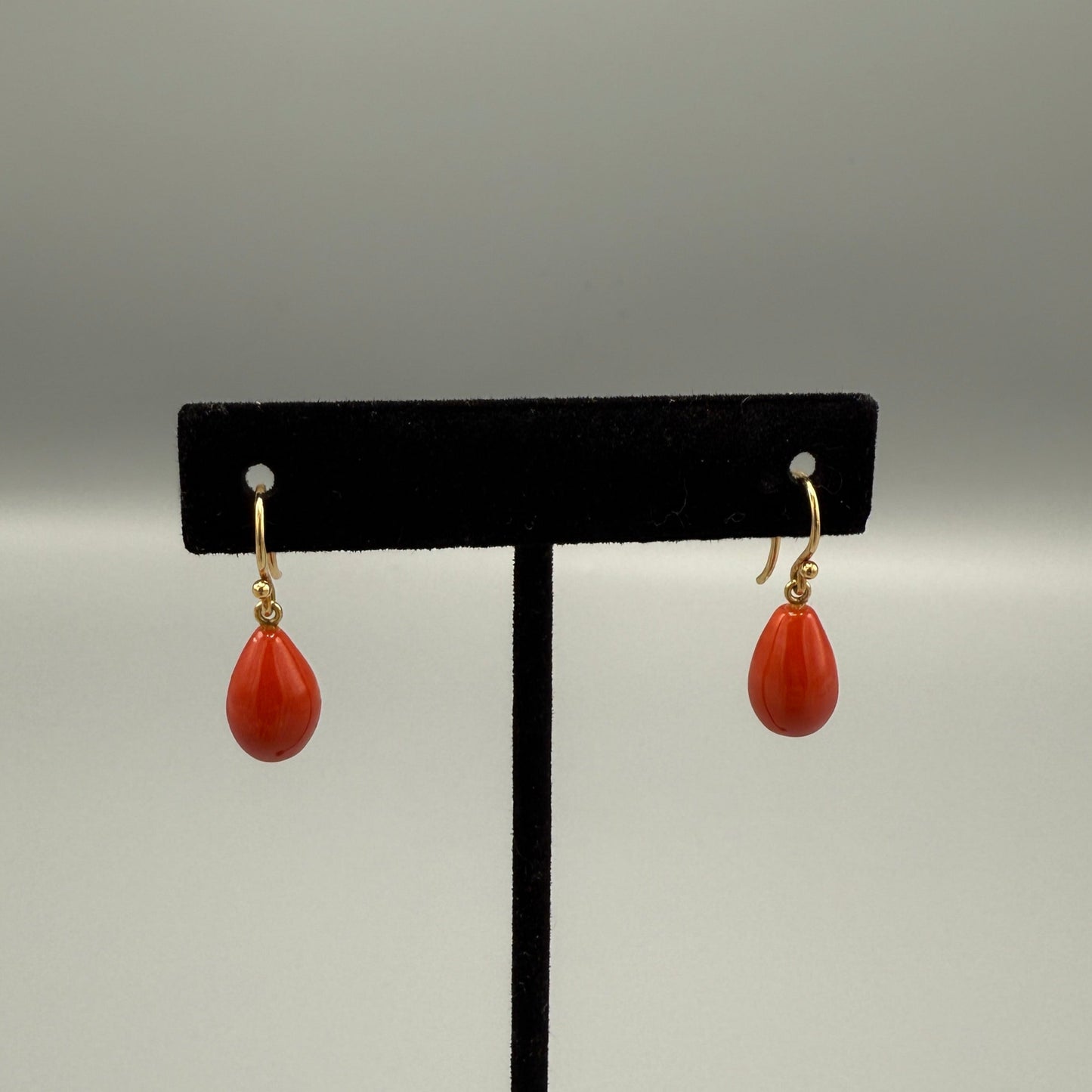Estate Red Coral Tear Drop Earrings 18kt Gold