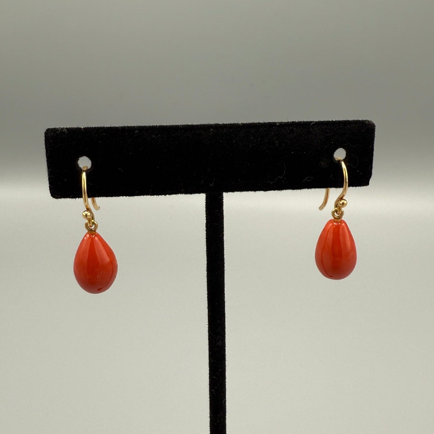 Estate Red Coral Tear Drop Earrings 18kt Gold