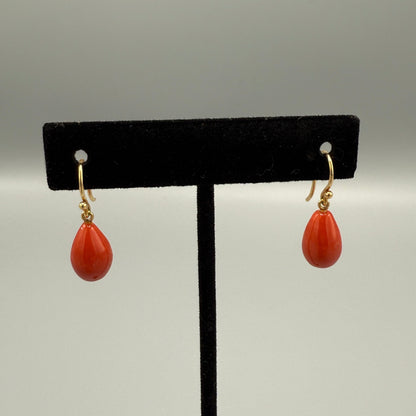 Estate Red Coral Tear Drop Earrings 18kt Gold