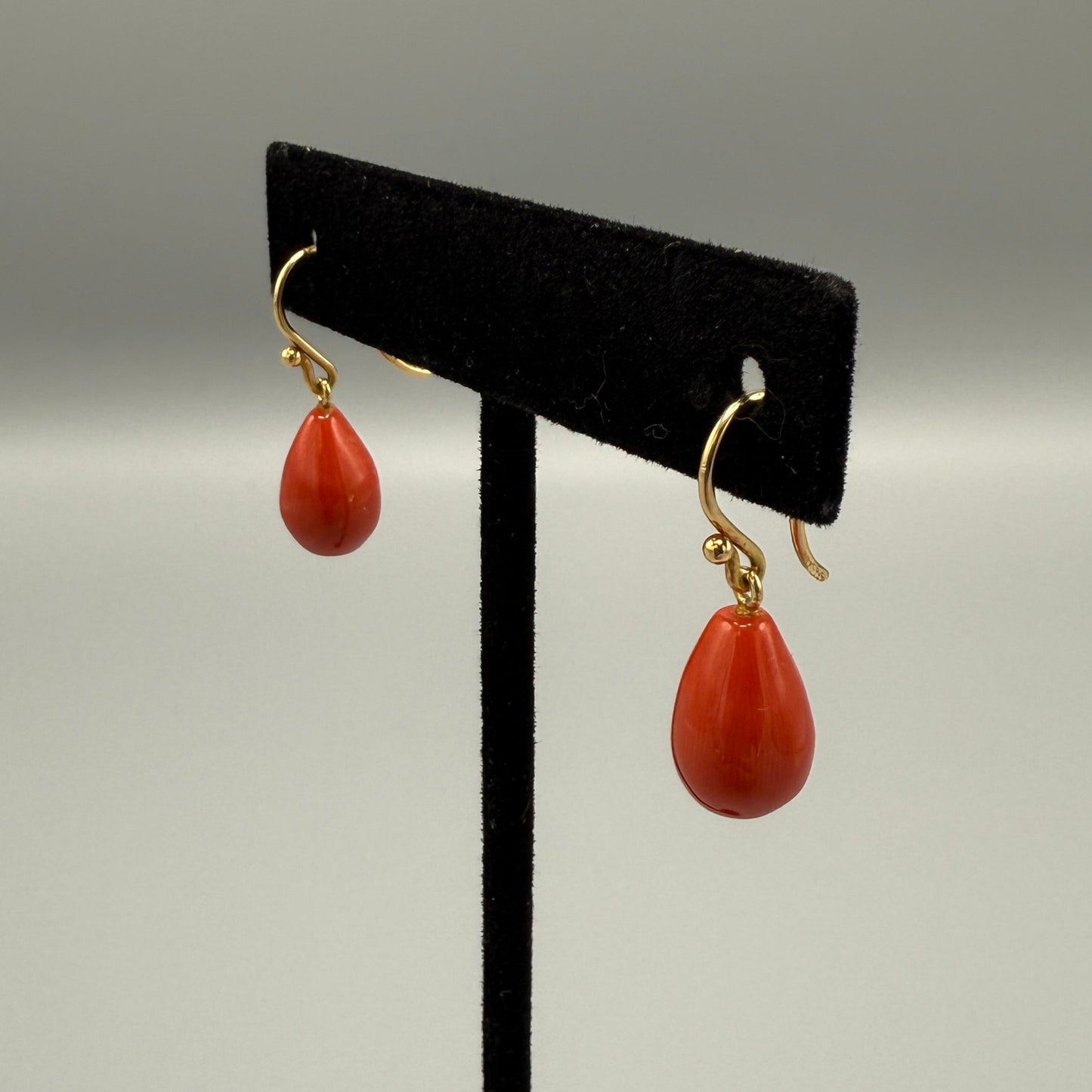 Estate Red Coral Tear Drop Earrings 18kt Gold