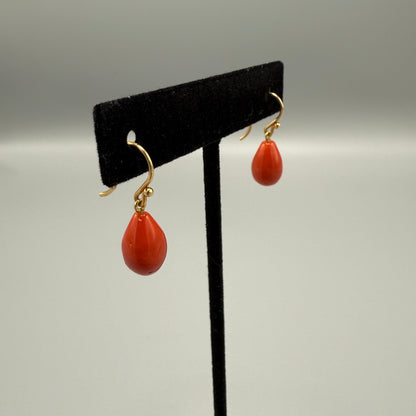 Estate Red Coral Tear Drop Earrings 18kt Gold
