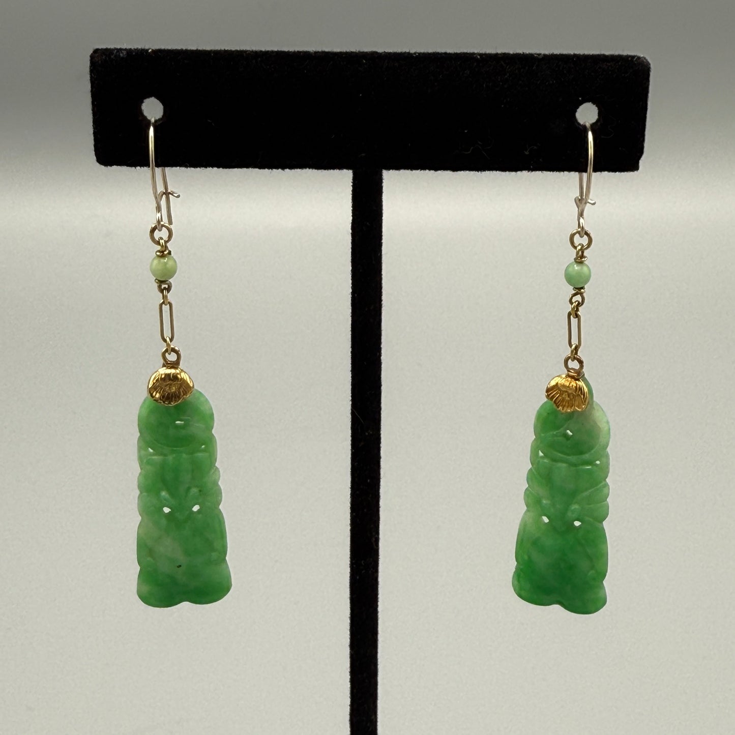 Estate Carved Apple Green Jadeite Long Bell Shaped Earrings with Ball in 14kt