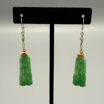 Estate Carved Apple Green Jadeite Long Bell Shaped Earrings with Ball in 14kt