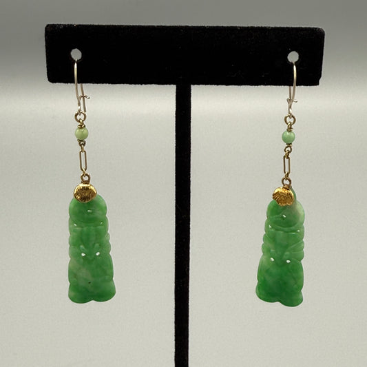 Estate Carved Apple Green Jadeite Long Bell Shaped Earrings with Ball in 14kt