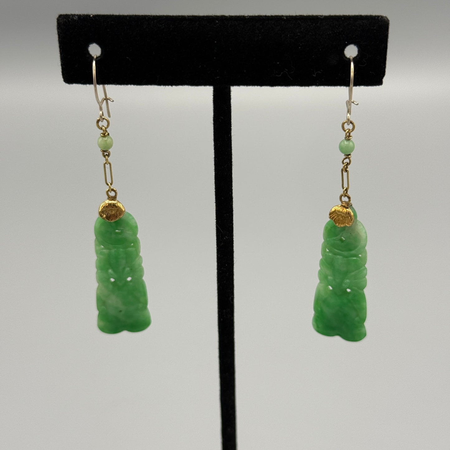 Estate Carved Apple Green Jadeite Long Bell Shaped Earrings with Ball in 14kt