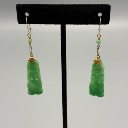 Estate Carved Apple Green Jadeite Long Bell Shaped Earrings with Ball in 14kt