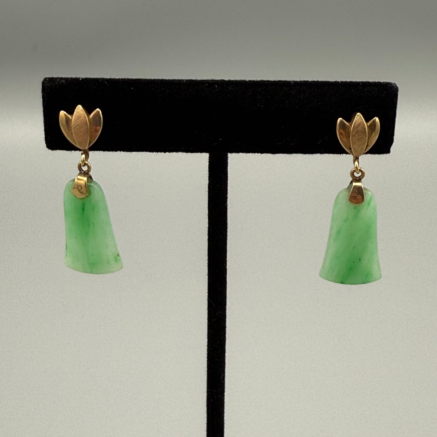 Estate Apple Green Jadeite Bell Shaped Earrings in 14kt Gold