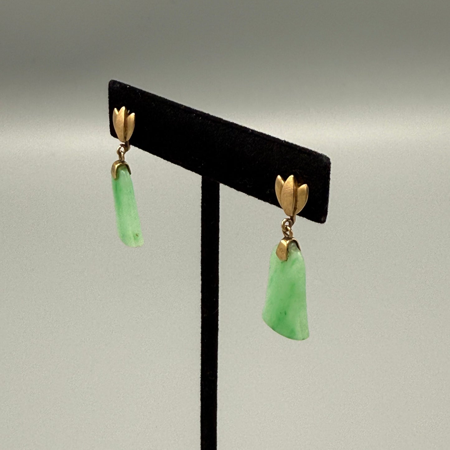 Estate Apple Green Jadeite Bell Shaped Earrings in 14kt Gold