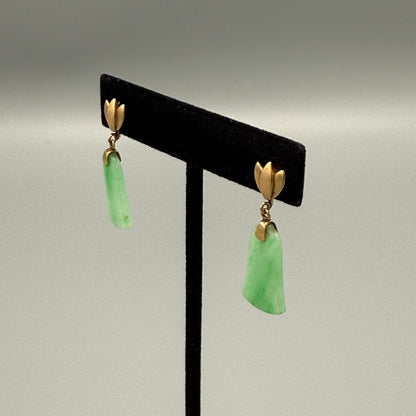 Estate Apple Green Jadeite Bell Shaped Earrings in 14kt Gold