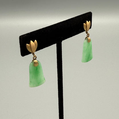 Estate Apple Green Jadeite Bell Shaped Earrings in 14kt Gold