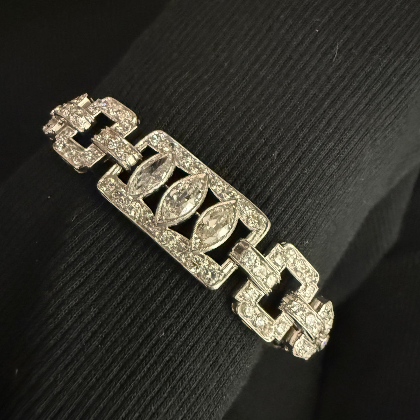 Estate Diamond Tennis Bracelet with Three Marquise Center Stones in Platinum