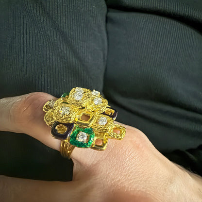 Estate 18kt Yellow Gold Geometric Diamond and Enamel Oversized Ring
