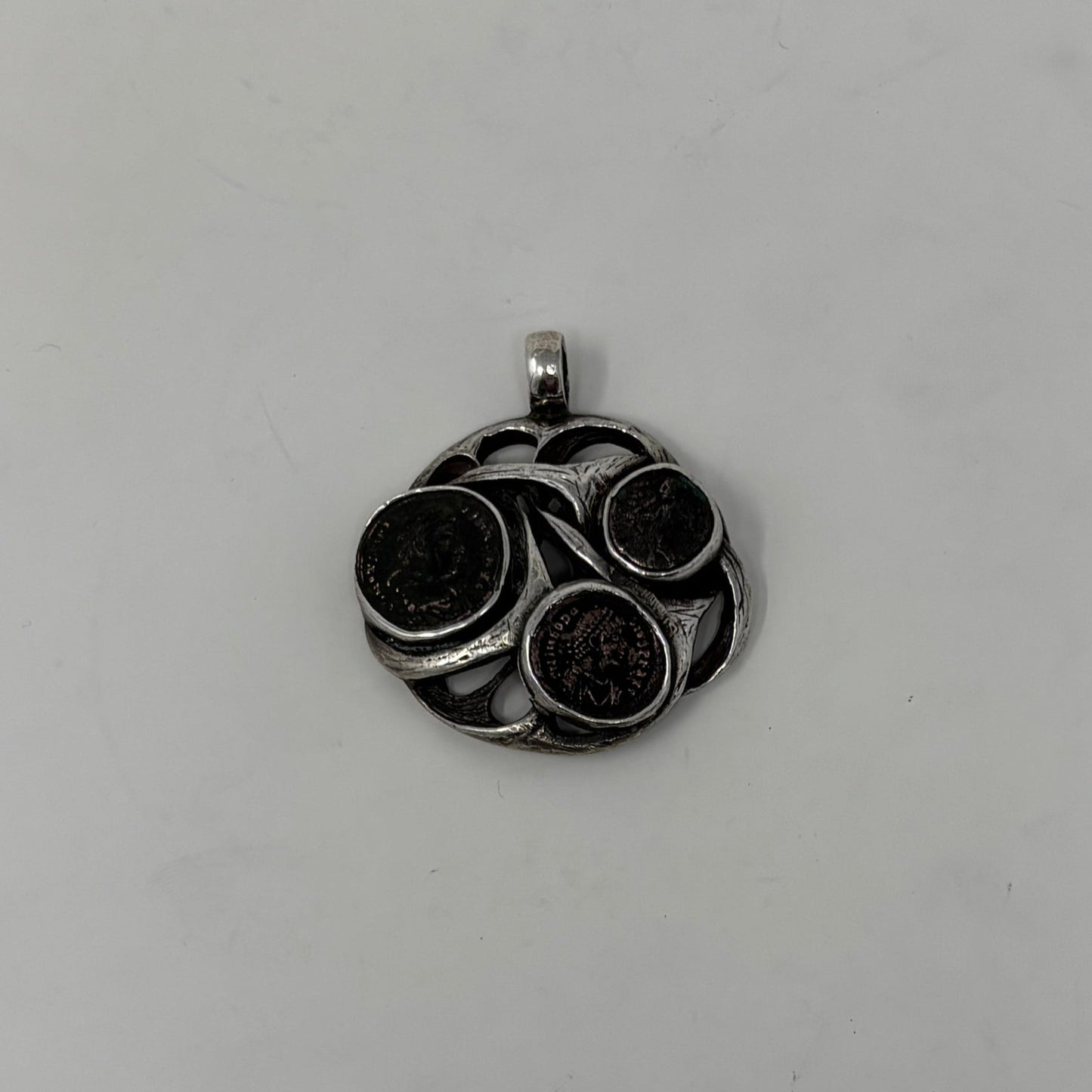 Estate Sterling Silver Brutalist Pendant with Ancient Roman Coins