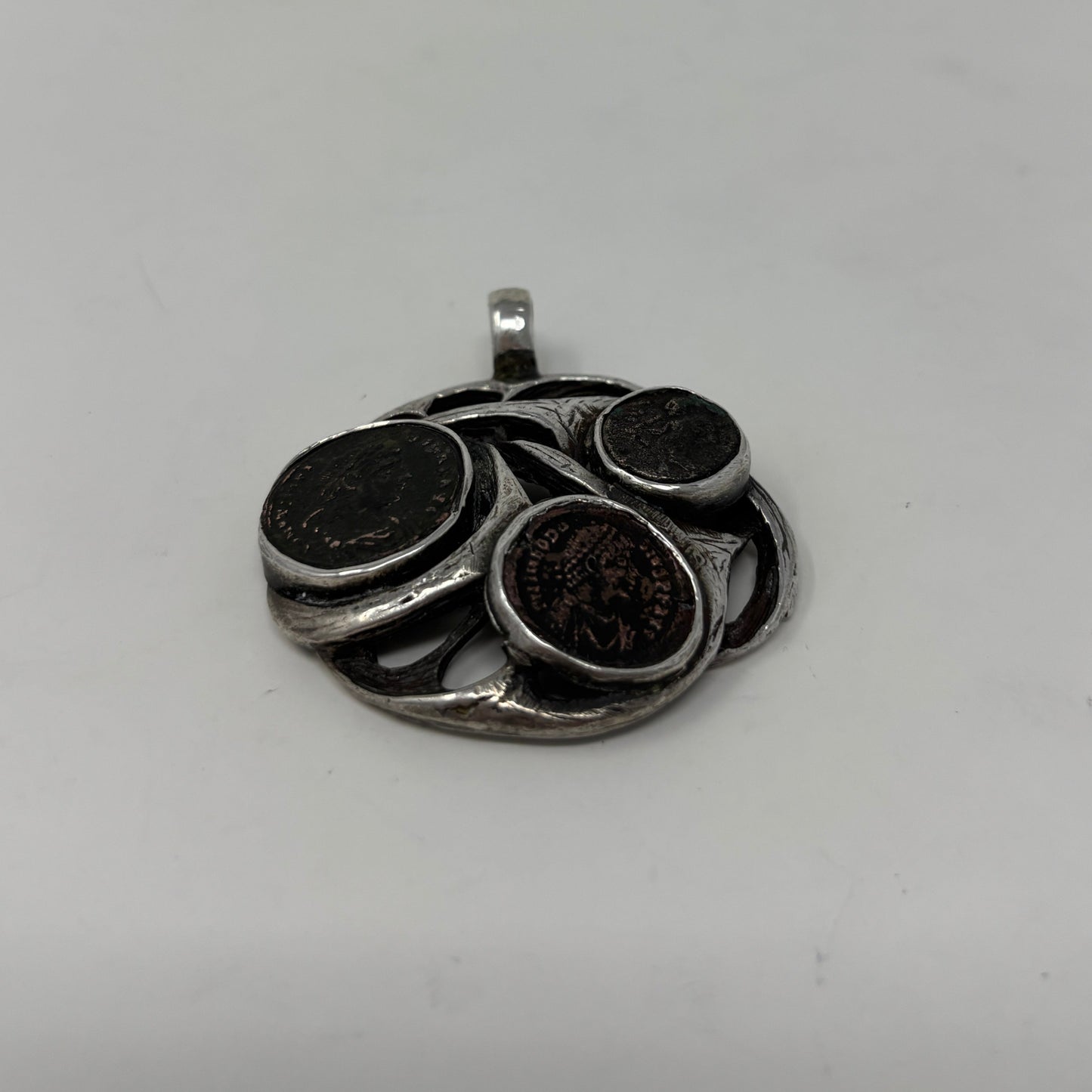 Estate Sterling Silver Brutalist Pendant with Ancient Roman Coins