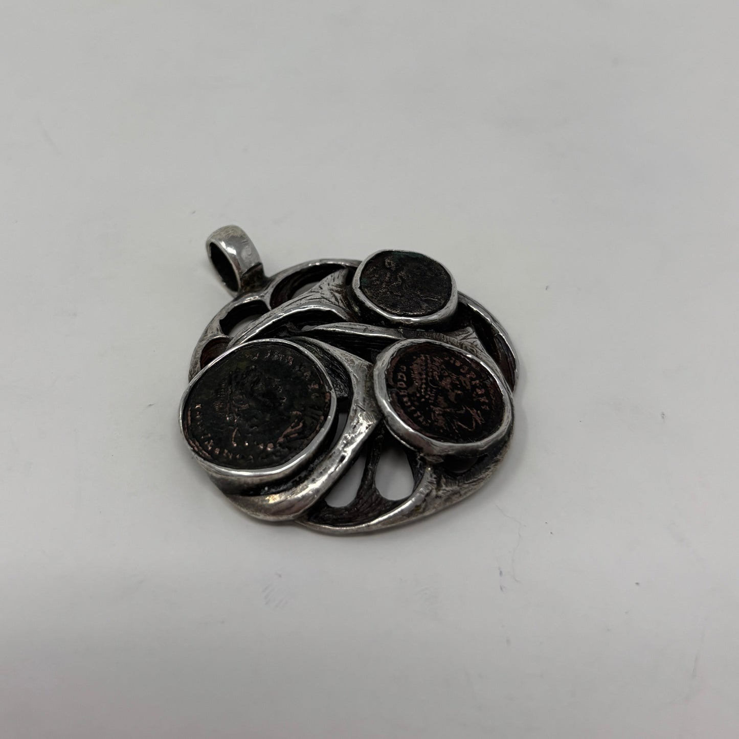Estate Sterling Silver Brutalist Pendant with Ancient Roman Coins