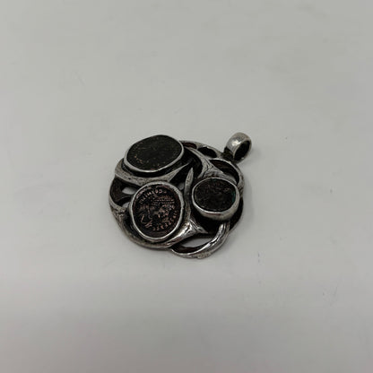 Estate Sterling Silver Brutalist Pendant with Ancient Roman Coins