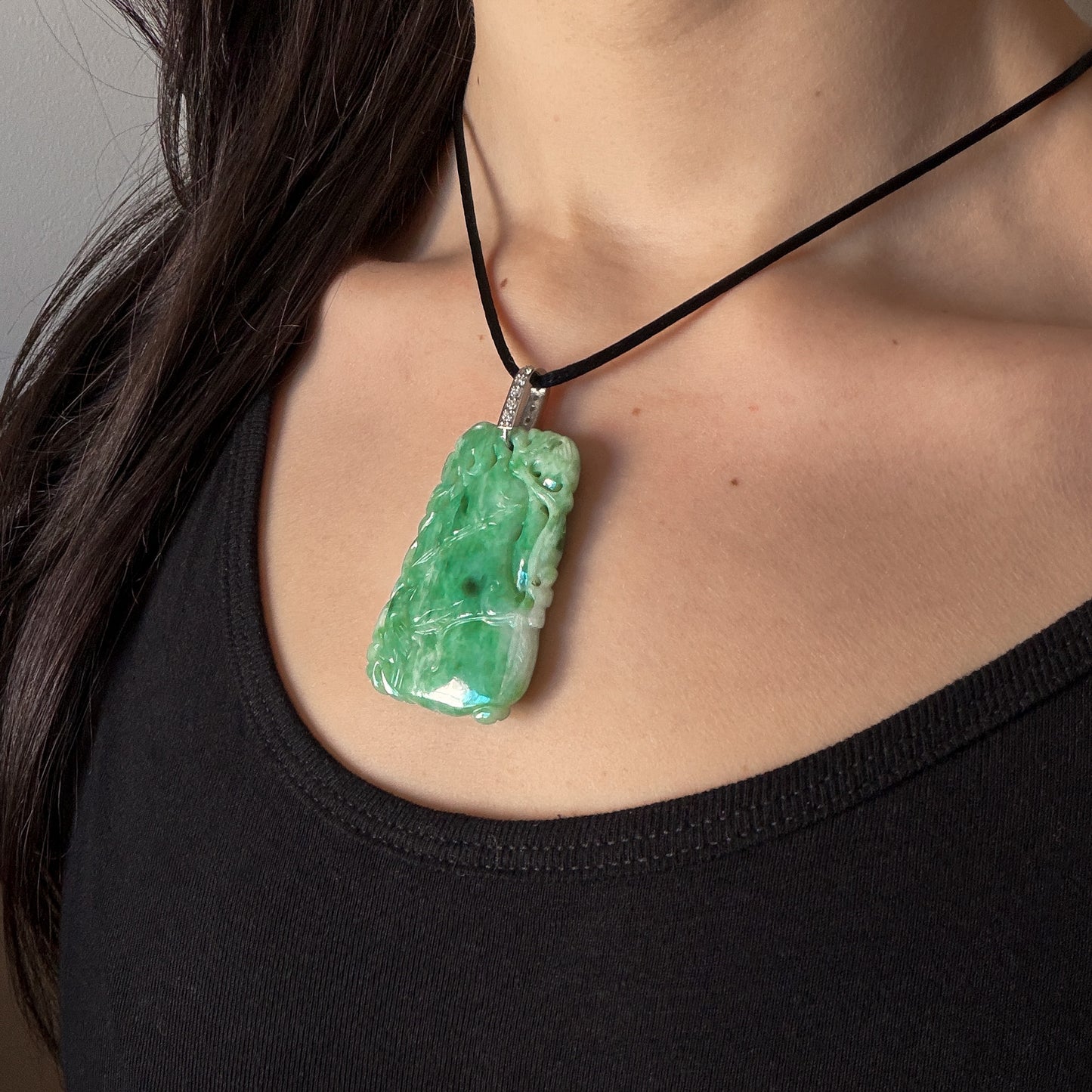 Estate Carved Jadeite Pendant with Platinum and Diamond Bale