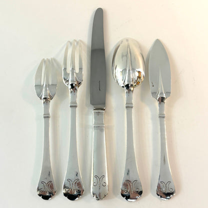 Estate Puiforcat Sterling Silver Flatware 5 Piece Place Setting in the "Cardinal" Pattern Service of 8 (40 Pieces)