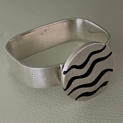 Estate Sterling Silver Wide Cuff Bracelet with Black Enamel Waves by Puig Doria