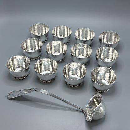Estate Hand Wrought Sterling Silver Punch Bowl Set with Blue Enamel By Old Newbury Crafters