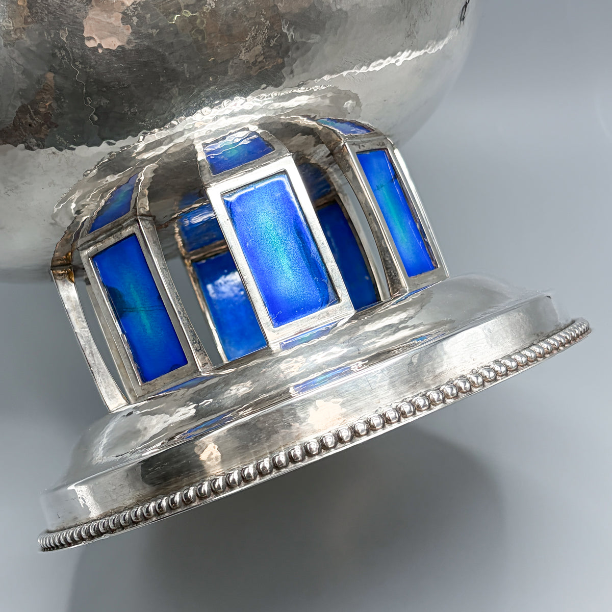Estate Hand Wrought Sterling Silver Punch Bowl Set with Blue Enamel By Old Newbury Crafters