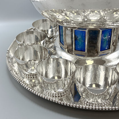 Estate Hand Wrought Sterling Silver Punch Bowl Set with Blue Enamel By Old Newbury Crafters