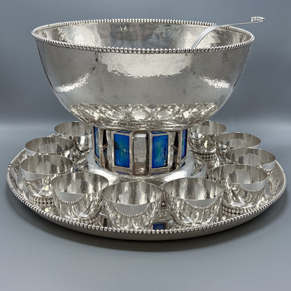 Estate Hand Wrought Sterling Silver Punch Bowl Set with Blue Enamel By Old Newbury Crafters